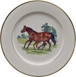 Bluegrass Dinner Plate Bluegrass is at once modern and classic. On a pure white porcelain body, Wear presents exquisite images of blue-blooded Thoroughbreds in scenes as lovely as her famous portraits. The graceful renderings are encircled in hand-painted burnished gold bands. Cup handles are finished with hand-painted burnished gold, bringing a polished and quiet elegance to the table.

Please contact store for delivery timing at 859-225-7474 or at sales@lvharkness.com.